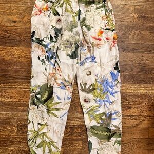 Zara Light Weight Floral Print Pants with Drawstring, Size Large